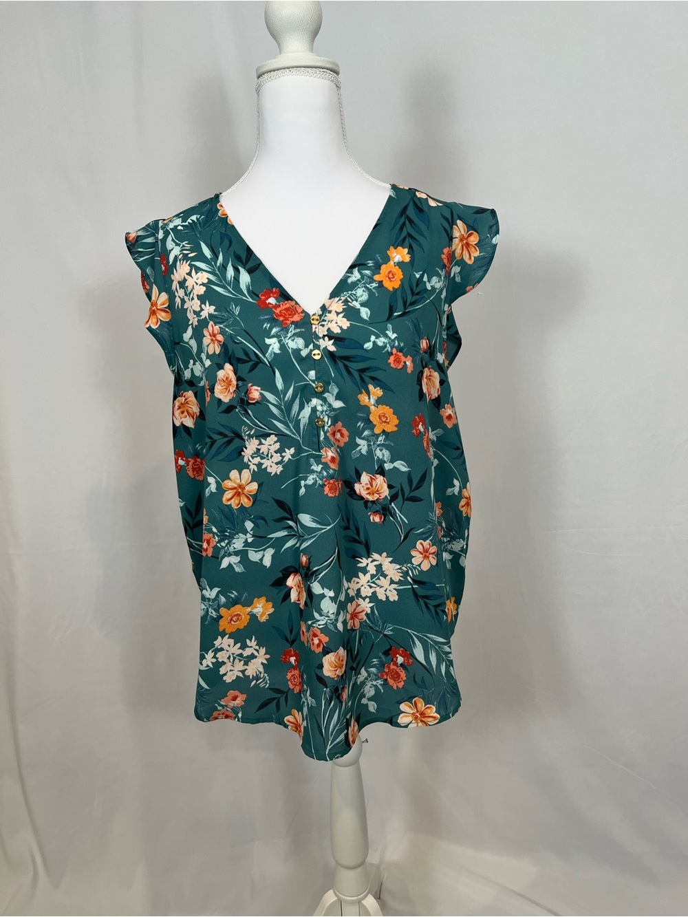 LOFT Teal Floral V-Neck Flutter Sleeve Top